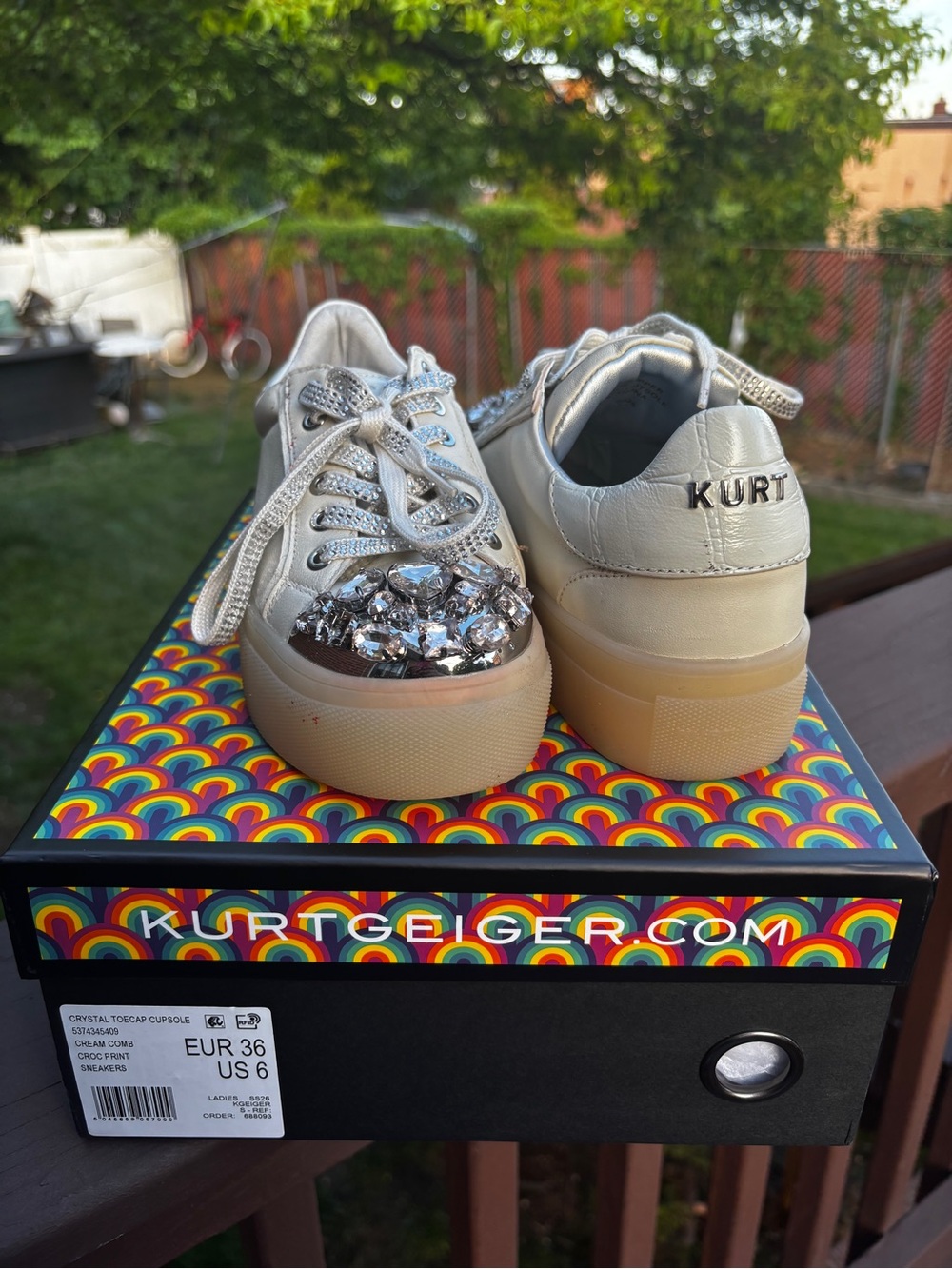Kurt Geiger Cream Leather Platform Sneakers with Crystal Toe